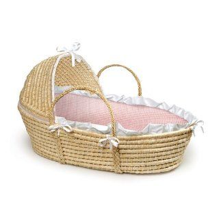 Natural Hooded Moses Basket with Pink Gingham Bedding by