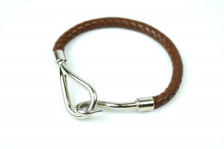  Hermes Silvertone Jumbo Hook Bracelet Brown Woven Leather