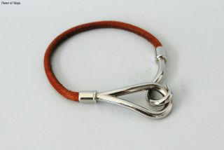 Authentic Hermes Silvertone Jumbo Hook Bracelet Brown Leather