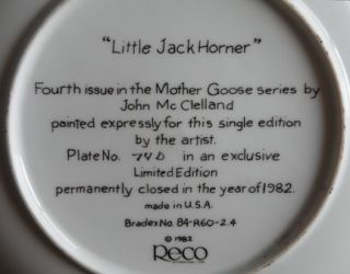 RECO INTERNATIONAL MOTHER GOOSE COLLECTOR PLATE LITTLE JACK HORNER