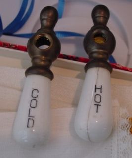 Vintage Pair Brass Porcelain Faucet Sink Handles Hot Cold