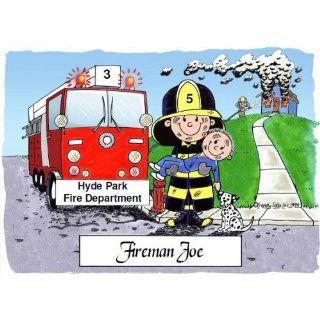 Personalized Fireman Cartoon Print Matted 8 X 10