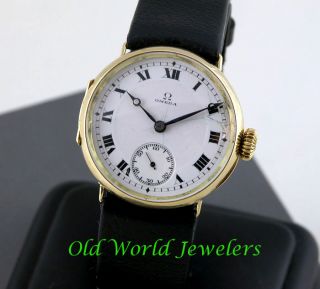 Omega Early Officers Watch Porcelain Dial Hinged 18K Yellow Gold Case