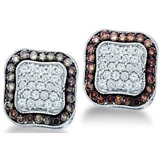 Brown Chocolate and White Round Brilliant Cut Diamond Stud Earrings in