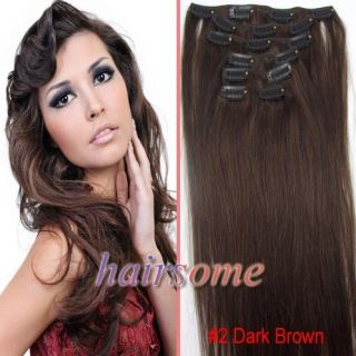   7pcs 15 Real Weft Clip In Human Hair Extensions 2 Dark Brown 70g HSM