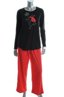 Hue New Black Fleece Penguin Prance Long Sleeve Fleece 2pc Pajama Set