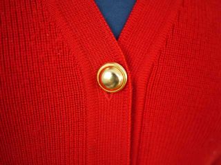 Vtg French Horse Equine Red Wool Cardigan Sweater Brass