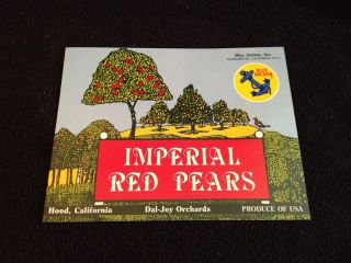 Vintage fruit crate label Imperial Red Pears Blue Anchor Hood CA NOS