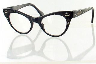 Vintage Cat Eye Glasses Eyeglasses Black Lucite Rhinestones Raybert