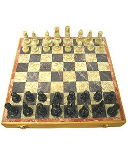 HAND CARVED INDIAN STONE CHESS SET w FOLDING MARBLE TOP BOARD LARGE 10