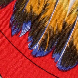  REAL HERMES SCARF TIE ~ RED ORANGE w/ INDIAN HEADDRESS FEATHERS BRAZIL