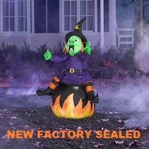  Green Wicked Witch West Black Hat Cauldron Flames Inflatable