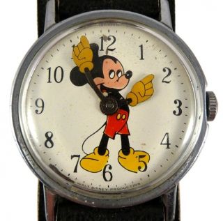 Vintage 1970s Ingersoll Mickey Mouse Watch Wide Band Leather Runs