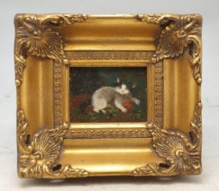 Solid Wood Gilt Framed Miniature Oil Painting of A Cat
