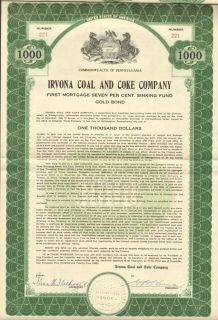 Irvona Coal and Coke Company 1925 Pennsylvania Gold Bond Certificate