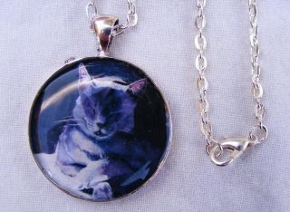 Russian Blue Cat Jewelry Art Necklace Pendant Christmas Gift Handmade