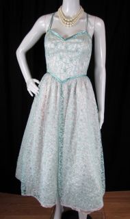 Vintage 1980s Does 1950s Illusion Lace Silver Accents Pink Blue Prom