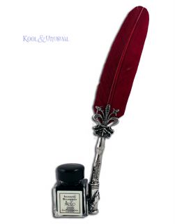 Red Italian Feather Quill Fleur de Lis Pen Ink Set