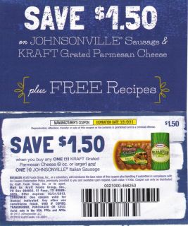  off Kraft Grated Parm. Cheese and Johnsonville Italian Sausage Coupons