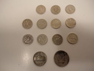 Lot of 13 Silver Coins Dimes Standing Liberty War Nickel