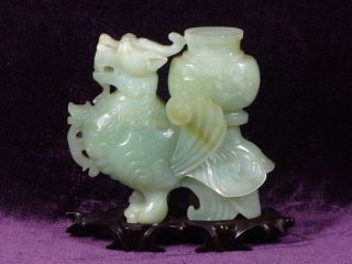 Vintage Chinese Carved Jade Vase on Hard Wood Stand 7 75 x 7 5