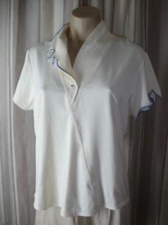 Jamie Sadock Cream Purple Flame Embroidered Shirt Top M Shawl Collar