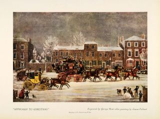 1925 Print Artist George Hunt Christmas Street Carriages Buggy Homes