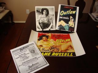 Jane Russell Original Autograph and Outlaw Poster Lot