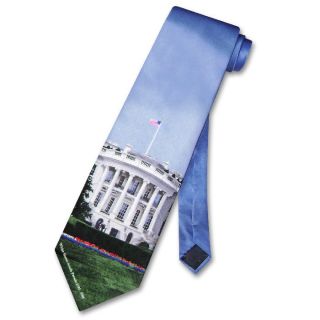 The tie shows the South façade of the White House with a blue sky and
