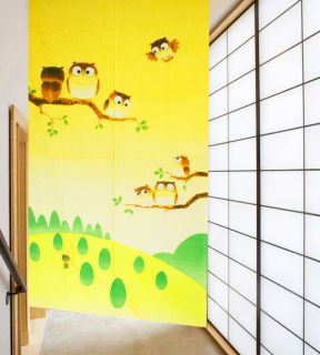 Japanese Noren Seven Owls Fabric Door Curtains Yellow Noren D3049