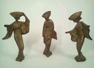 Antique Mid Century Japanese Geisha Figurines Statues Cast Iron Gold