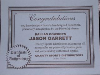 Jason Garrett Signed Autographed Cowboys Football COA