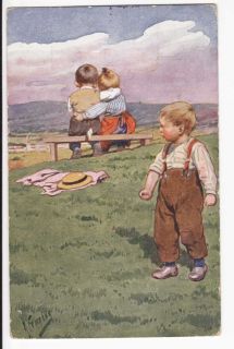 Jealous Little Boy 1930s Polish Art Signed Postcard