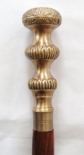 Ornate Brass Head Spiral Carved Cane Walking Stick 36