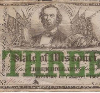 1862 Jefferson City Missouri Civil War $3 Note CR 9 Rev