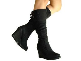  Slouchy Buckle Detail Knee High Wedge Boots Blk Tuck in Skinny Jeans 8