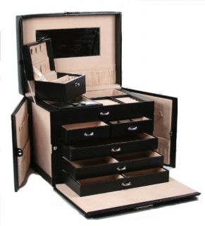  TEA2 Huge Black Leather Jewelry Box Case Storage Organizer W