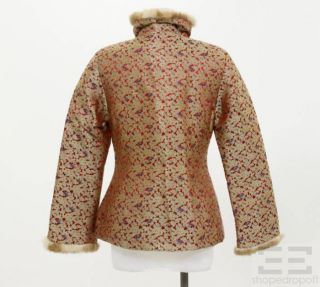 Jin Xiu Tang Red Floral Embroidered Satin Tan Rabbit Fur Jacket Size M