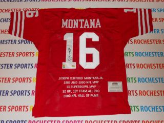 JOE MONTANA autographed signed 49ers red STAT Jersey Mounted Memories