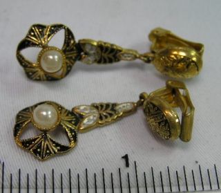 Vintage DAMASCENE Spain 3 Piece Jointed Clip On Pearl BLACK Gold Tone Earrings  