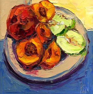 Peaches Green Apples Original Still Life Fruit Oil Painting Palette Knives 12x12  