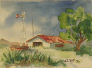 John Billings Original Watercolor Painting 5x7 Summer Farm Barn Western Art  