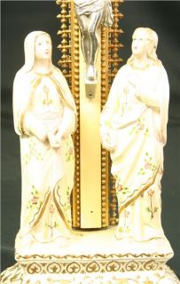Ornate Antique French Standing Crucifix Cross Chalkware Saints Mary John  