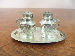 Occupied Japan Silver Plated Salt And Pepper Shaker Hand Hammered Tray 3 Piece  