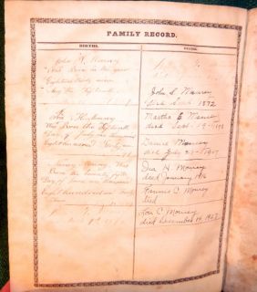 LG LEATHER 1847 HOLY BIBLE MOUREY FAMILY GENEALOGY  