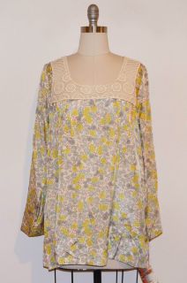 Johnny Was Collection White Yellow Lace Neck Silk Tunic L  