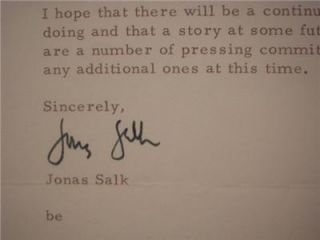 Jonas Salk Signed Typed Letter Polio Vaccine 1970  
