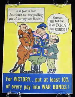 1942 WWII World War II Poster RARE Anti Axis Hitler Humor Cartoon Imagery Bonds  