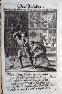 1697 Weigel Book of Trades Print Mortar Mixer Masons on Scaffolds Der Tüncher  