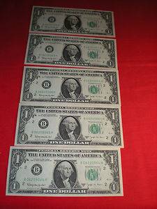 5 Joseph Barr $1 00 Dollar Bills RARE 1963 B Uncirculated Consecutive Serial 'S  